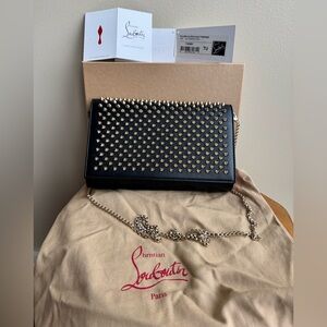 Christian Louboutin Clutch Crossbody Bag, calf leather with spikes, Black, Gold